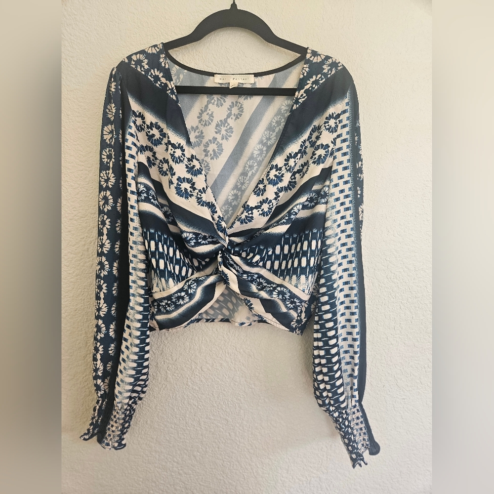 Blue and White Long Sleeve Tie Front Crop Blouse